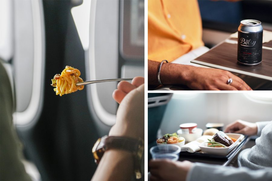 Collaged three pictures with a person having a bite of spagehtti, another person with a can of Besty beer, and a person with a set of premium economy class meal at the front.