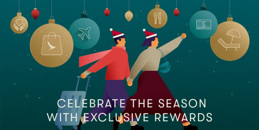 An illustrated graphic of a couple wearing Christmas hats and walking forward with a piece of luggage. Above them are Christmas baubles with logos on them.