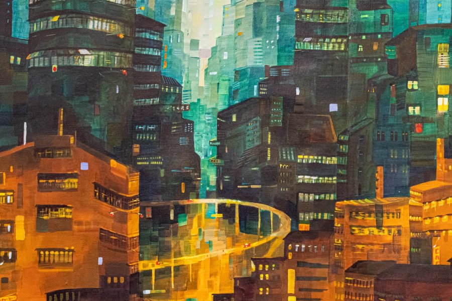Closeup image of a digitalised artwork that shows buildings depicted in yellow, orange, teal and green tones.
