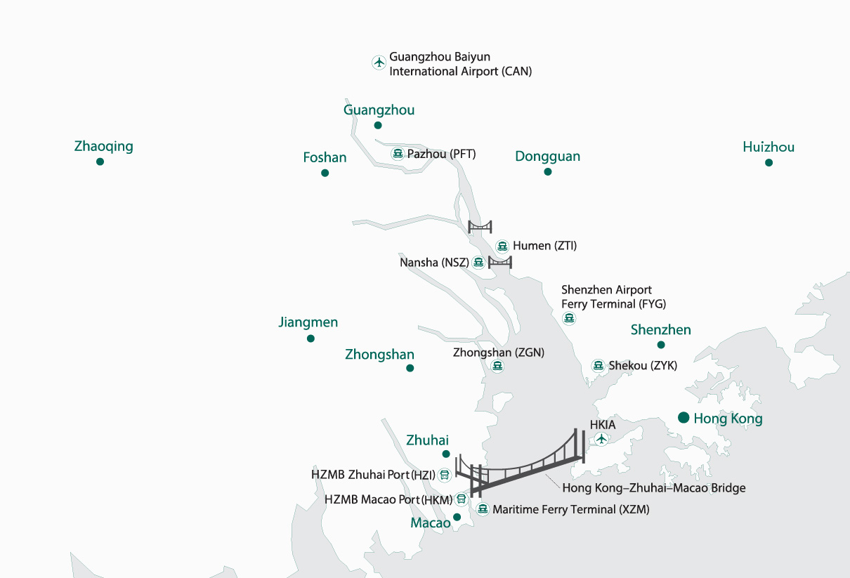  A map of the major destinations in the GBA. There are icons for ferry ports that offer high-speed ferry transfers via Hong Kong International Airport. 