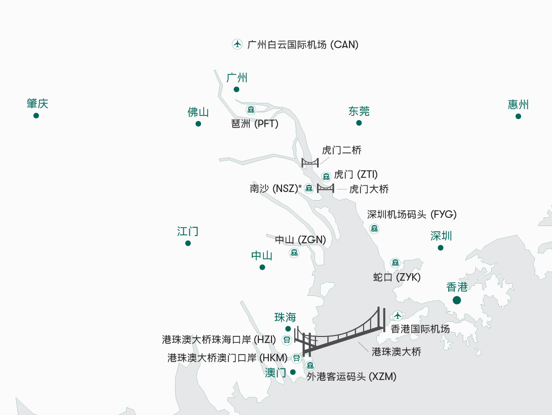 大湾区主要城市及渡轮口岸地图