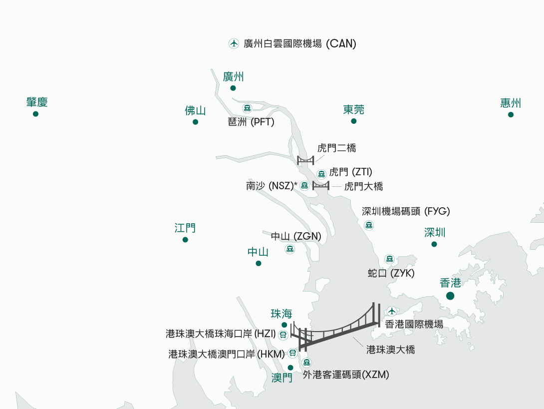 大灣區主要城市及渡輪口岸地圖