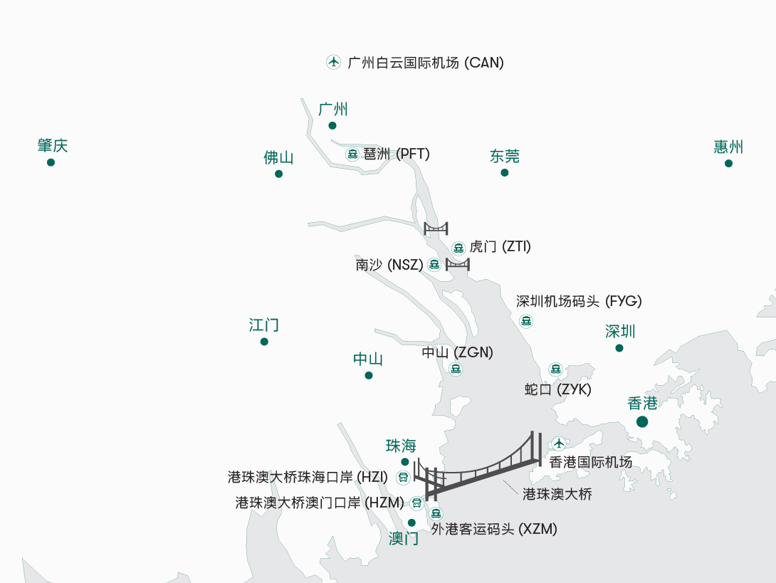 大湾区主要城市及渡轮口岸地图