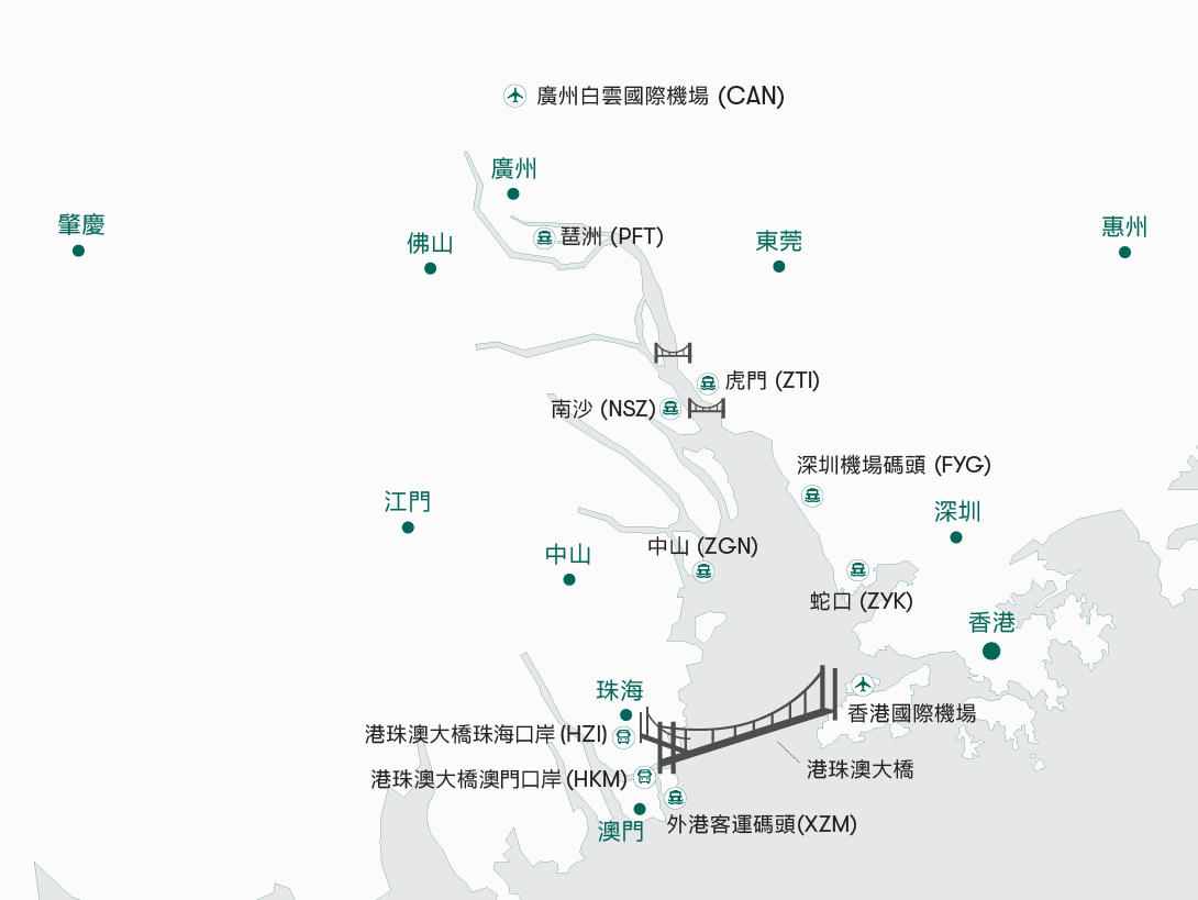 大灣區主要城市及渡輪口岸地圖