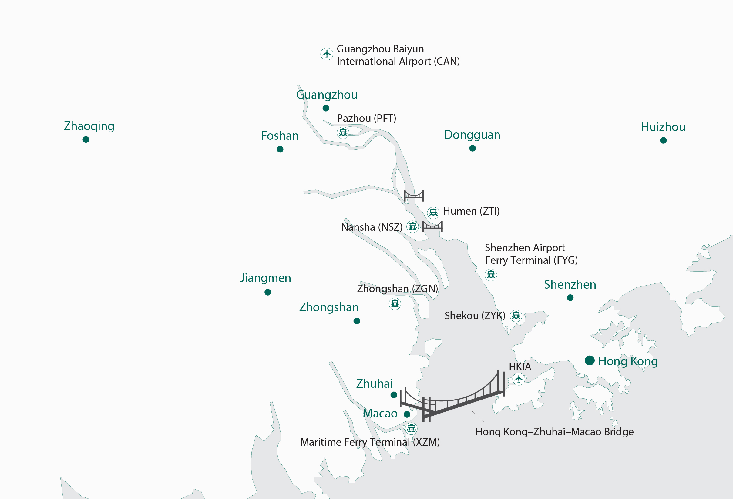 A map featuring major cities and ferry ports across the Greater Bay Area