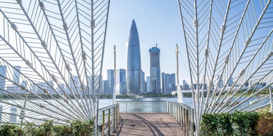 在晴朗的藍天下，深圳天際線的正面景觀一覽無遺。 