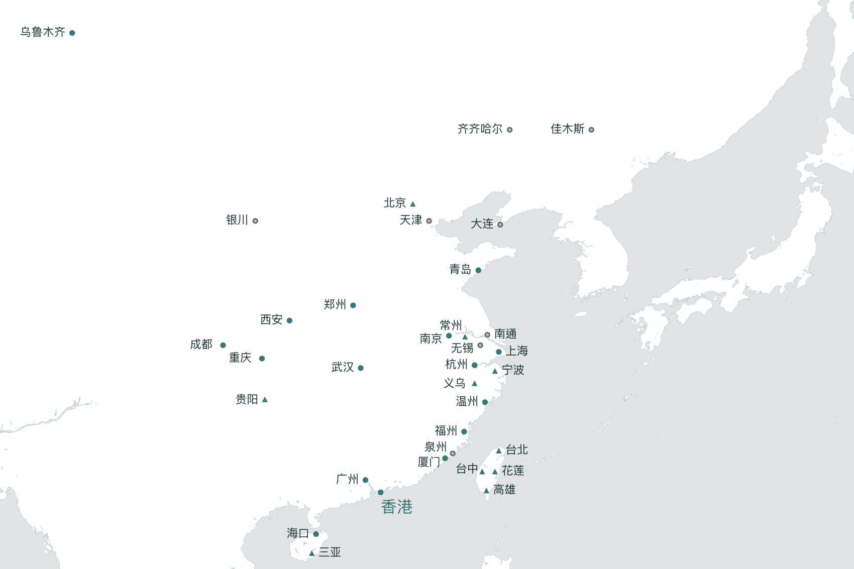国泰航空的中国航线地图