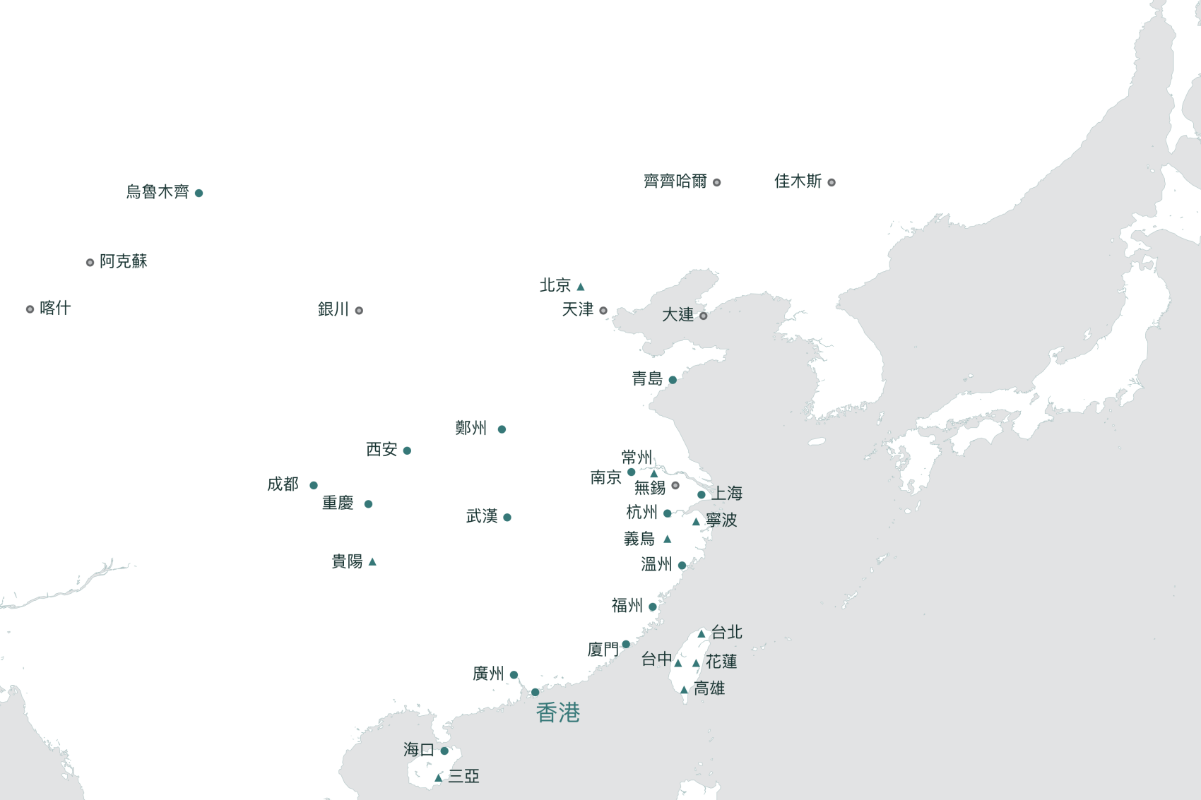 國泰航空的中國航線地圖