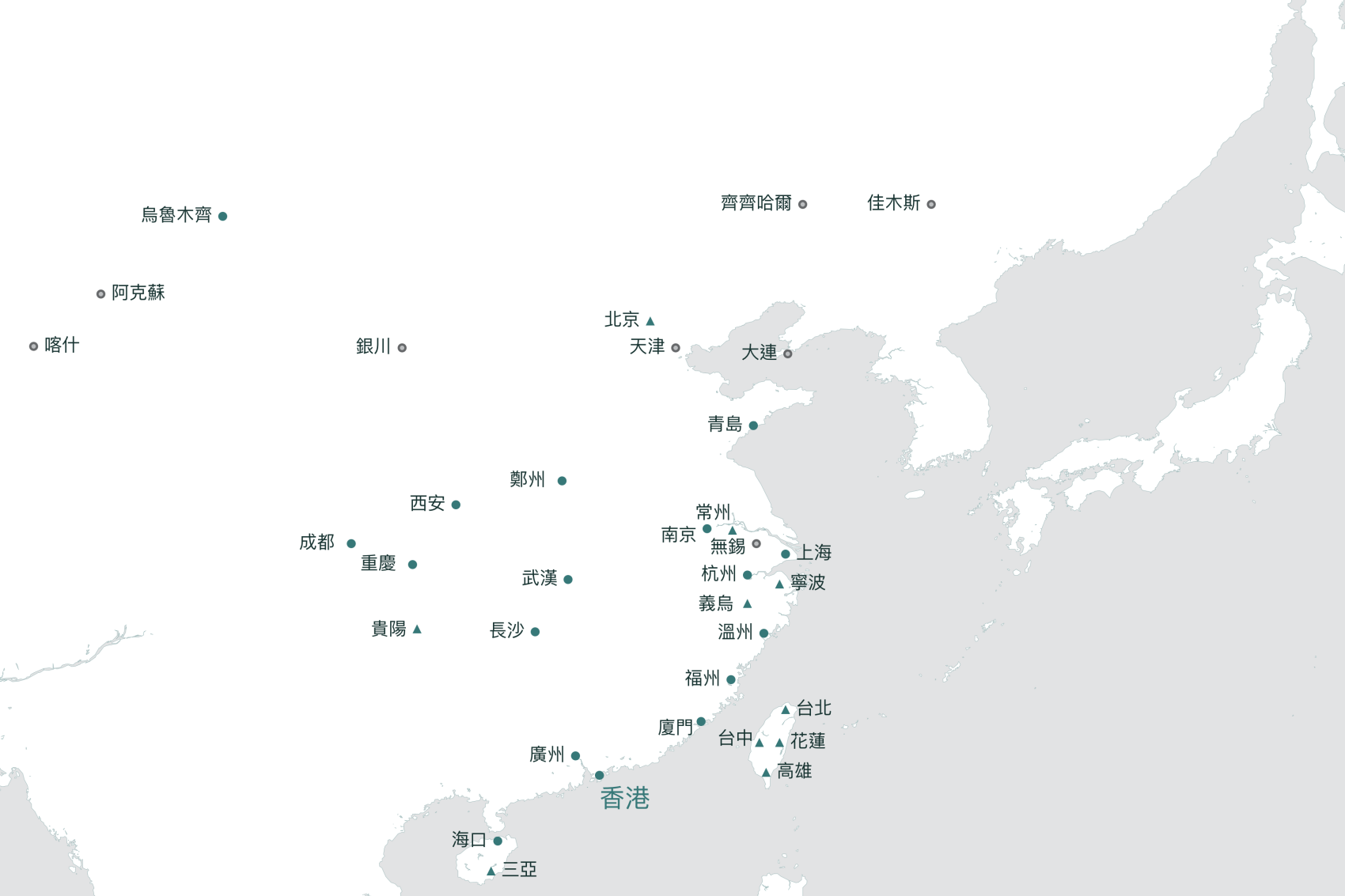 國泰航空的中國航線地圖