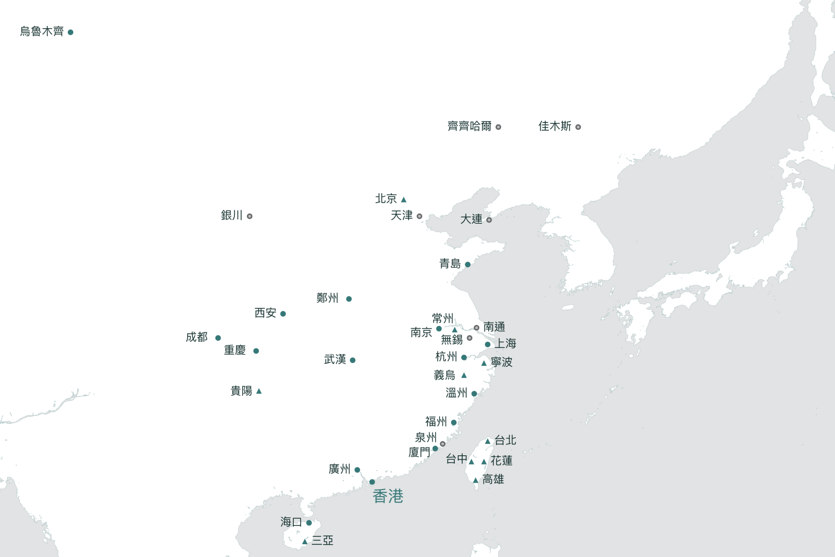 國泰航空的中國航線地圖