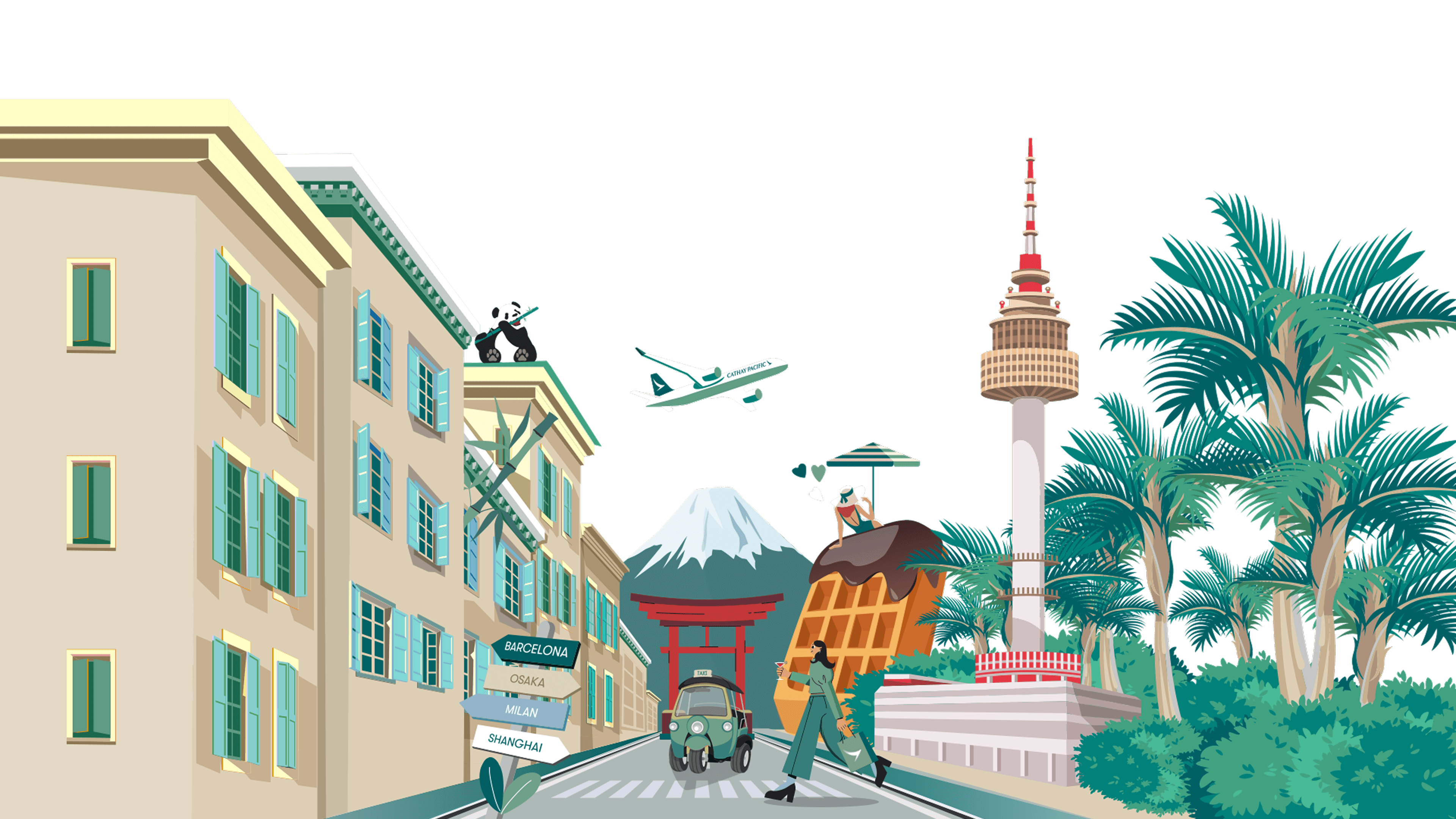 畫面由不同題材的景物組成：一架國泰航空飛機於天際中飛過，富士山聳立於城市街道盡頭，山下有紅色鳥居和三輪出租車。街道左方是一幢西式建築物及一棵竹子，一隻熊貓於建築物天台上吃竹子；右方是首爾塔和一件巨型窩夫，一位女士正於窩夫上享受日光浴。畫面前方，一名飄逸長髮的女士手挽國泰紙袋走過馬路，前方路牌指向巴塞羅那、大阪、米蘭、上海。