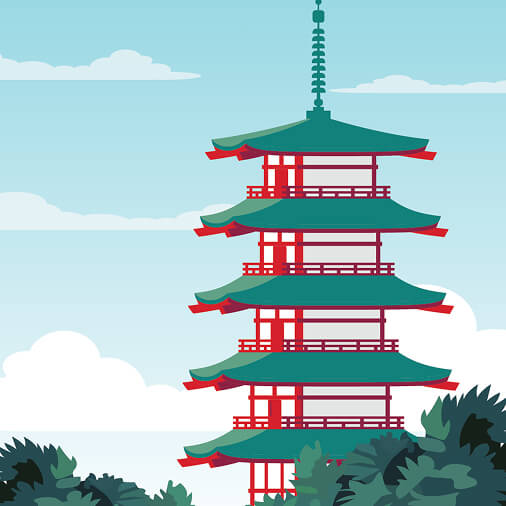 藍天白雲下，日本五重塔屹立於樹後，墨綠色的瓦片及紅色的邊框構結，糅合了中式與日式的建築風格。